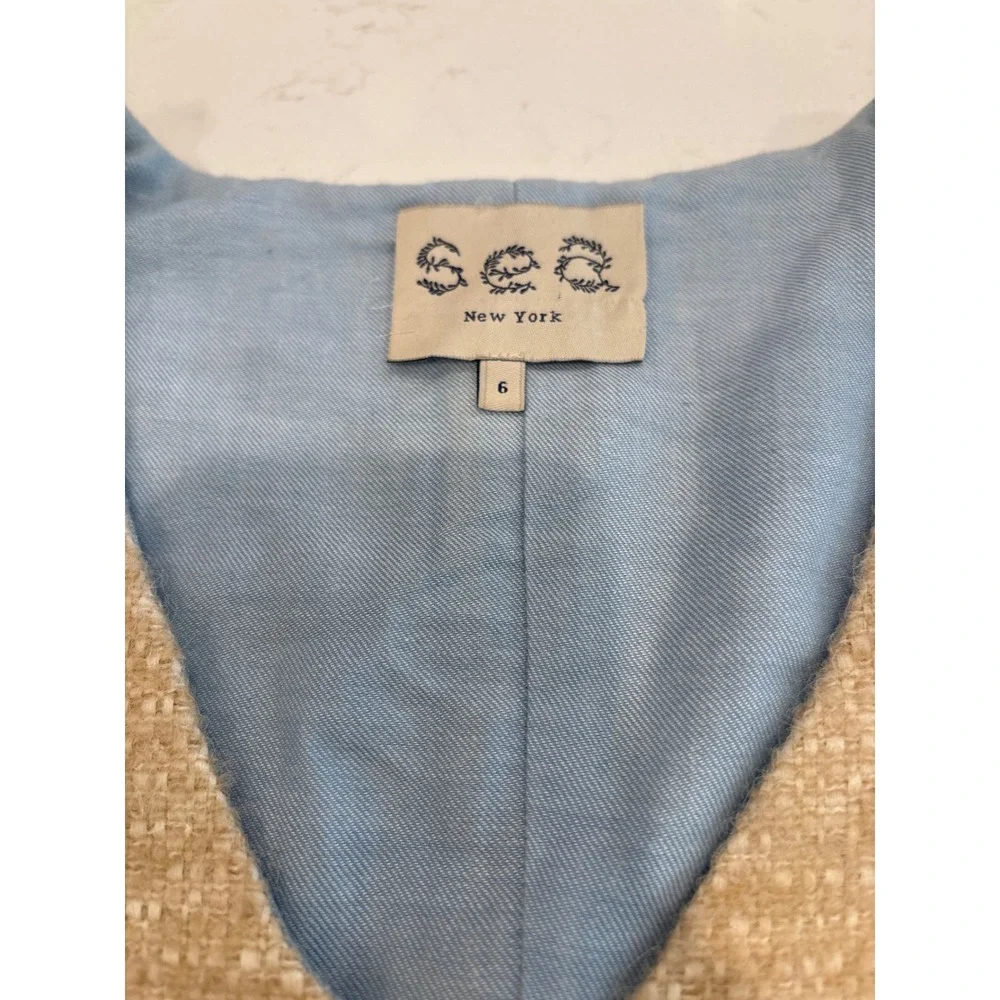 Sea New York Silk Wool Tweed Striped V-Neck Snap Side Shift Dress Oatmeal,Blue 6 - Picture 2 of 10